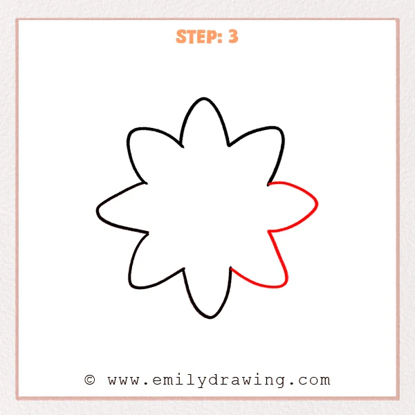 how to draw a cartoon sun - Step 3 completes the cartoon sun outline by adding a large right ray, a smaller lower-right ray, and smoothly closing the shape.